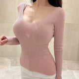 Pbong  Spring New Slim Fit Big Chest Tops Tight Thin Slightly Transparent Long Sleeved Low Cut Bottom Shirt Women Show Figure T-shirt