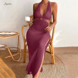 Bikini Swimming Cover-ups Women Slit Hollow Out Backless Lace-up Sexy Summer Long Dress V-neck Sleeveless Vacation Vestidos