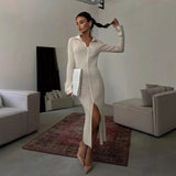 Turn Down Collar Button Ribbed Knitting Long Dress Tight Slit Women Dress Spring Autumn Solid Color Basic Simple Dresses