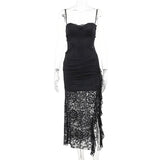 Sexy Spicy Girl Hollowed Out Lacework Wrapped Buttocks Dress New Fashion Patchwork Mesh Off The Shoulder Long  Dresses