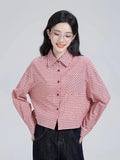 Sweet Red Plaid Shirt Women Preppy Style Vintage Long Sleeve Blouse Korean Fall Loose Female Retro Cute All Match Tops New