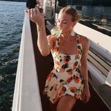 Fashion Retro Slimming Print Short Suspender Dress For Summer A-line High Waist Chic Vacation Beach Women Dress New