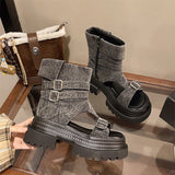 Pbong  European and American Style Belt Buckle Open-Toe Sandals for Women, New Summer Thick-Soled Height-Increasing Versatile Denim Fashion Boots, Short Boots
