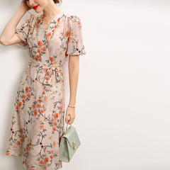 Women's Dress Summer New French V-neck Lace-up Temperament Printed Party Dress Female Casual Floral Half Sleeve A-line Dress