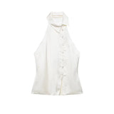 New French Elegant Halter Soft Satin Shirts Y2k Sexy Backless Simple Summer Women Camisole Harajuku Single Breasted Clothes