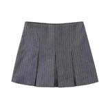 Grey Wide Pleated Mini Shorts Skirts High Street Stripe American Retro Solid Vintage Blogger Sexy Woman Black