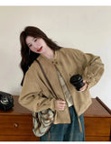 Women Faux Suede Y2K Jacket Streetwear Loose Long Sleeve Vintage Coat American Casual Harajuku Retro Stand Collar Fall Tops