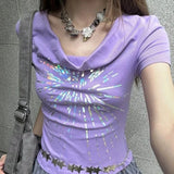 Pbong  Y2k Aesthetic Vintage Summer Printing Tees Slash Neck Streetwear Purple Tshirts Women Harajuku Grunge Bottoming Sexy Crop Tops