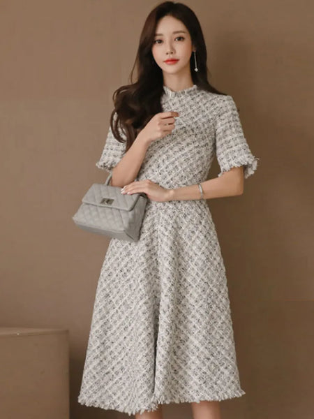 Fashion Korean Elegant Midi Tweed Dress Women Luxury Chic Casual Plaid ...