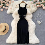 Pbong  Sexy Waistless Knitted SLing Dresses for Summer Women's Dress New Korean V-neck sleeveless Midi wrap buttocks split dress