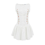 Flower Embroidery White Short Dress 2025 New Single Breasted Slim A-line Pleat Women Dress Sweet Y2K Street Female Clothes