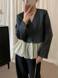 Pbong  Y2k Women Clothing V Neck Korean Coat Long Sleeve Elegant Patchwork Tops Ruffles Chic Temperament Loose Jackets