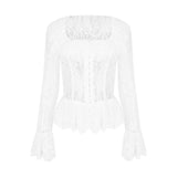 Women's White Lace Lace Long Sleeved Square Neck Top with French High-end Feeling As The Base and Inner Layer