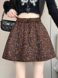 Pbong  Y2K Leopard Mini Skirt Women High Waist Faux Suede Fabric A Line Skirts Streetwear Fall Winter Loose Vintage Sexy Skirts