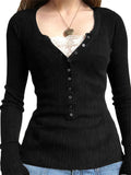 Women Button Front Knit Tops Long Sleeve Lace Patchwork Slim Fit Sweater Fall Fairy Grunge Gothic Y2K Clothes