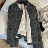 Winter Faux Woolen Gray Coat Women Vintage Thick Warm Long Sleeve Slim Jacket Casual O Neck Female Korean Elegant Retro Top