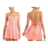 Pbong  Women's Sexy Shiny Sequined Summer Backless Bow Knot Tie-up Hollowed A-Line Mini Party Dress Beach Club Streetwear