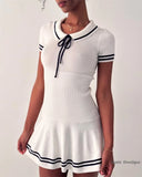 Lapel Lace-up Knit Short Dress New Fashion Casual A-line Mini Dress For Women Academic Style Pleat Summer Female Vestidos
