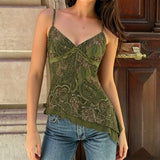 Pbong  Women's Vintage Style Floral Print V-Neck Camisole Summer Asymmetry Design Mesh Patchwork Double Layers Mini Sleeveless Tops New