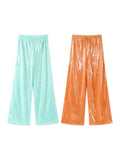 Pbong  Sequin Loose Lace Up Pants Women Casual Elastic Low Waist Wide Leg Trousers Female Summer Lady Shiny Party Club Pant New
