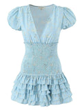 Pbong  GypsyLady Floral Printed Chic Boho Mini Dresss Cotton V-neck Ruffles Blue Holiday Women Tiered Ladies Party Dresses Vestidos New