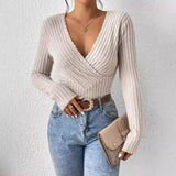 High End Euramerican Striped V Neck Long Sleeve Shirts Autumn Winter Harajuku Vintage Y2k Aesthetic Clothing Punk Solid Tops