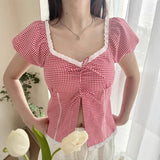 Pbong  Casual Cute plaid Short Bubble Sleeve T-shirt Women's Summer T-shirt New Fashion Lace V-neck Lace up Sexy Split Tops Woman