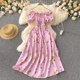 Pbong  Romantic Floral Print Long Dress  New Summer Off Shoulders Puff Sleeve Big Swing Women Dress Korean Party Vestidos