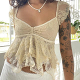 Fairy Coquette Tank Top y2k Women Sheer See Through V Neck Sleeveless Double Layered T Shirt Lace Vest Club Streetwear