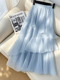 Chic Ruffles Chiffon Long Skirt Women High Waist Elegant Fashion Sweet Skirts Korean Casual Soft Female Blue Long Skirt New