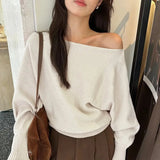 Pbong  Gentle One-Shoulder Lantern Sleeve Knitted Sweater Loose Fit Autumn Winter Fashion Single Wear Inner Match Versatile Shoulder