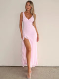  Elegant Sleeveless Ruffles Sexy Long Dress For Women Summer New Deep V Neck Backless Thigh High Split Maxi Dress