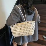 Pbong  Women's Woven Plastic Small Tote Bag Drawstring Liner Casual Summer Aesthetic Beach Shopping Daily Shoulder Bag