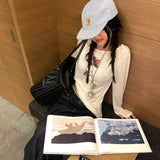 Y2k Printed Off Shoulder T-shirt Sweet Transparent White Long Sleeve T-Shirts Korean Fashion Casual Loose Tops Slim Up