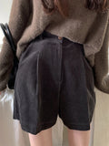 Korean Chic Pants Autumn Vintage Pantalones De Mujer Niche High Waist Pleated Pant Loose Wide Leg Corduroy Shorts Women