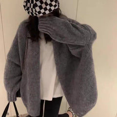 Autumn Winter Thicken Warm Women Cardigan Sweater Korean Lazy Wind Soft All Match Cardigans Tops Solid Loose Knitted Coats