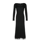 Black Slim Lace Spliced Knit Long Dress