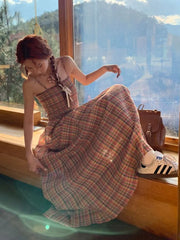 Maxi Dress Women Sweet Colorful Holiday Aesthetic Students Vintage Plaid Party Wear Chic Sleeveless Summer Ins Popular Vestidos