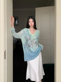 Gradient Fall 2025 Fashion Woman Oversize Graphic T Shirts Long Sleeve Top Cowls Blue Tee Autumn Streetwear Clothing