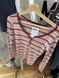 Red Striped Six Buttons Long Sleeve T-shirts Women Spring O-neck Cotton Slim Tee Shirt New Preppy Sytle Sweet Tshirt Y2k Tops