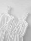 Pbong  Women White Long Dress Lace Trim Tie-up V Neck Sleeveless Ruffle Loose Tank Dress for Evening Party Club Bohemian Summer