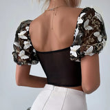 Pbong  Euramerican Elegant Exquisite Flower Embroidery Summer Shirts All Match Sexy See-through Mesh Tank Tops Y2k Side Cross Strap Tee