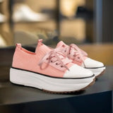 Pbong  Spring Hot Sale Of The Season Women's Low-Top Thick-Heeled Canvas Shoes Adhesive Flat Heel Single Shoes Rubber Outsole Pure
