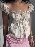 Women's Floral Print Tops Cap Sleeve Tie-up Front Slim Fit Frill Shirts Summer Cropped Blouses Y2K Clothes