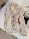 Pink Women Sweet Tweed Jacket Vintage Long Sleeve Slim O Neck Coat Korean Fall Winter Retro Small Fragrance Elegant Tops