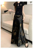 Retro Tie Dye Satin Long Skirts Women Elegant Korean Vintage Slim Trumpet Skirt Casual Summer Sweet Comfortable Long Skirt
