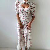 Pbong  Floral Print Long Dress For Women Puff Sleeve Hollow Out Lace Patchwork High Waist Dress Lady Sexy Elegant Holiday Dress