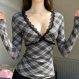 Pbong  Y2K Lace Lace T Shirt Women Deep V Neck Plaid Long Sleeve Slim Fit Slimming Fashion Inner Top Pure Desire Sweet Style