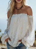 Summer Women Blouse Off Shoulder Lace Lantern Blouses Square Neck Solid Color Top Ruffle Trim White Lace Long Sleeve Top