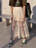 Pbong  Sweet Long Korean for Women High Waist A-line Embroidery Jupe  Fashion See Through Lace Summer Skirt